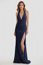 Mermaid Deep Halter Yellow Satin Long Prom Dresses with Slit - Curvevia