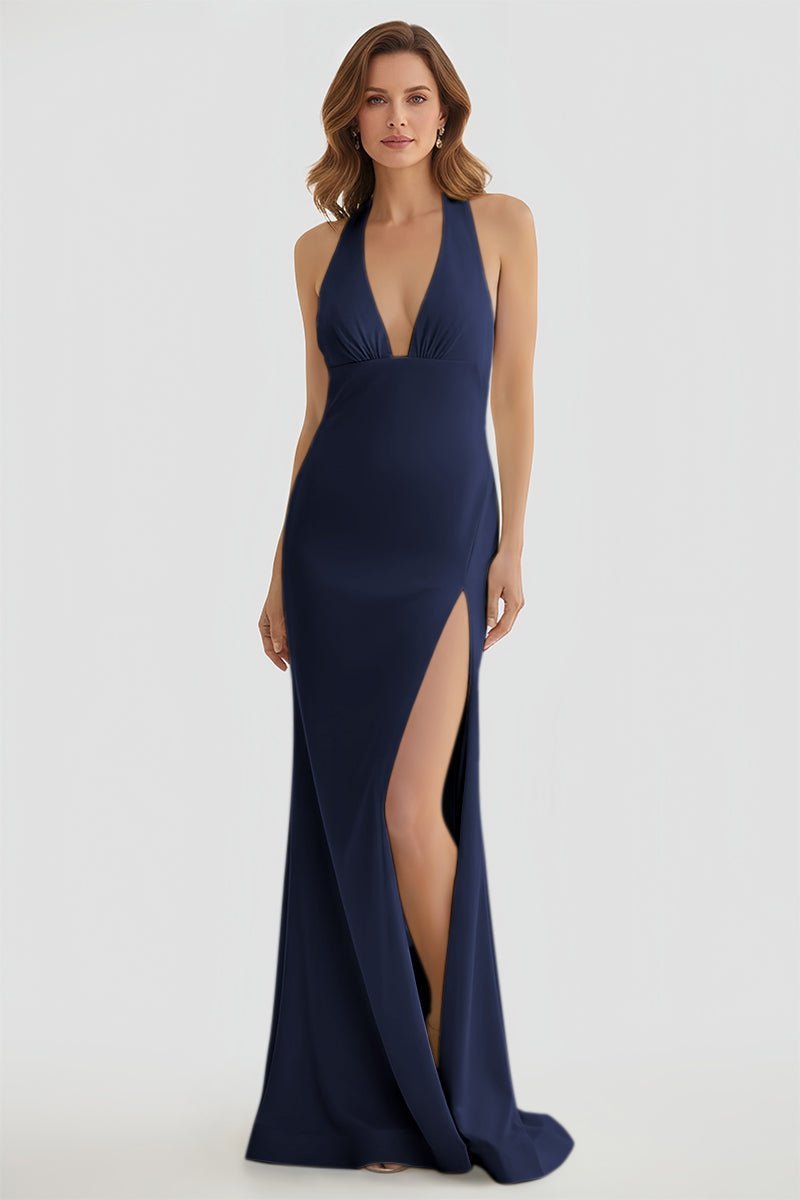 Mermaid Deep Halter Yellow Satin Long Prom Dresses with Slit - Curvevia