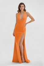 Mermaid Deep Halter Yellow Satin Long Prom Dresses with Slit - Curvevia
