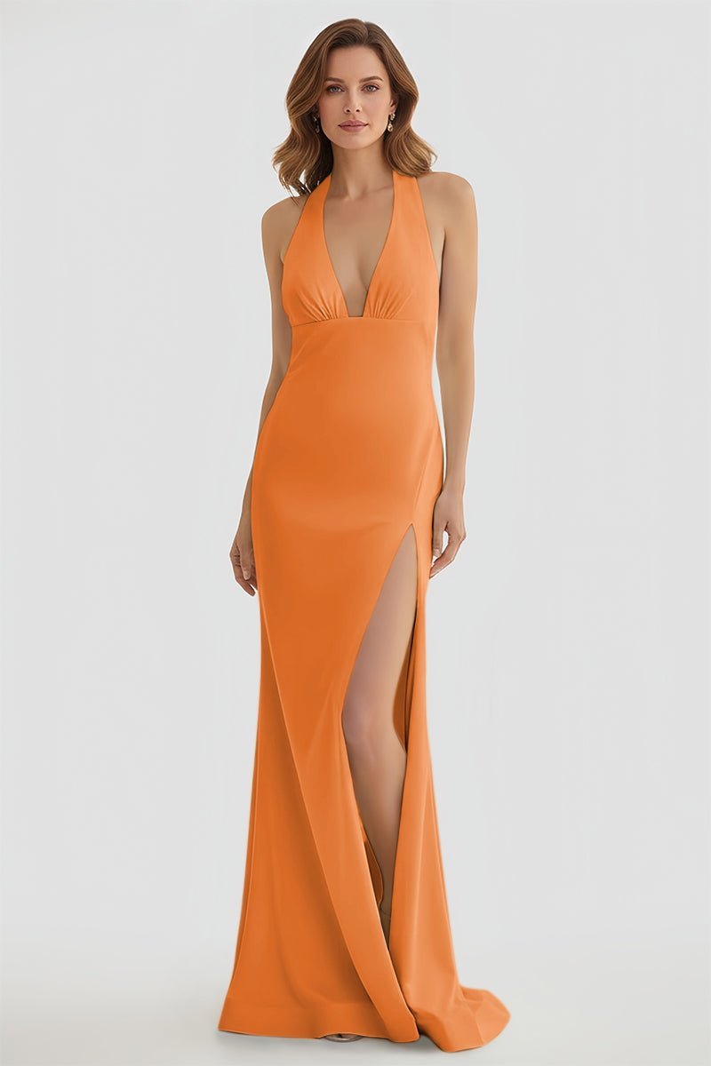 Mermaid Deep Halter Yellow Satin Long Prom Dresses with Slit - Curvevia