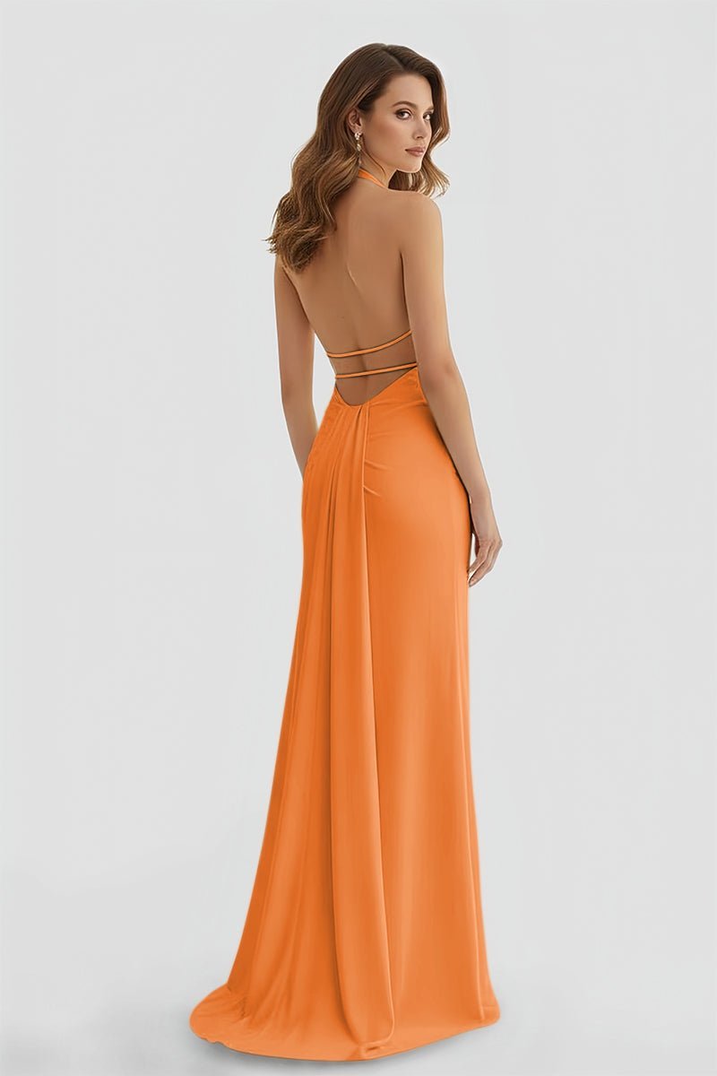 Mermaid Deep Halter Yellow Satin Long Prom Dresses with Slit - Curvevia