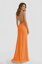 Mermaid Deep Halter Yellow Satin Long Prom Dresses with Slit - Curvevia