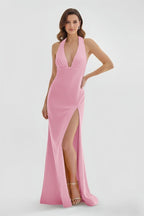 Mermaid Deep Halter Yellow Satin Long Prom Dresses with Slit - Curvevia