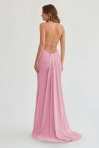 Mermaid Deep Halter Yellow Satin Long Prom Dresses with Slit - Curvevia