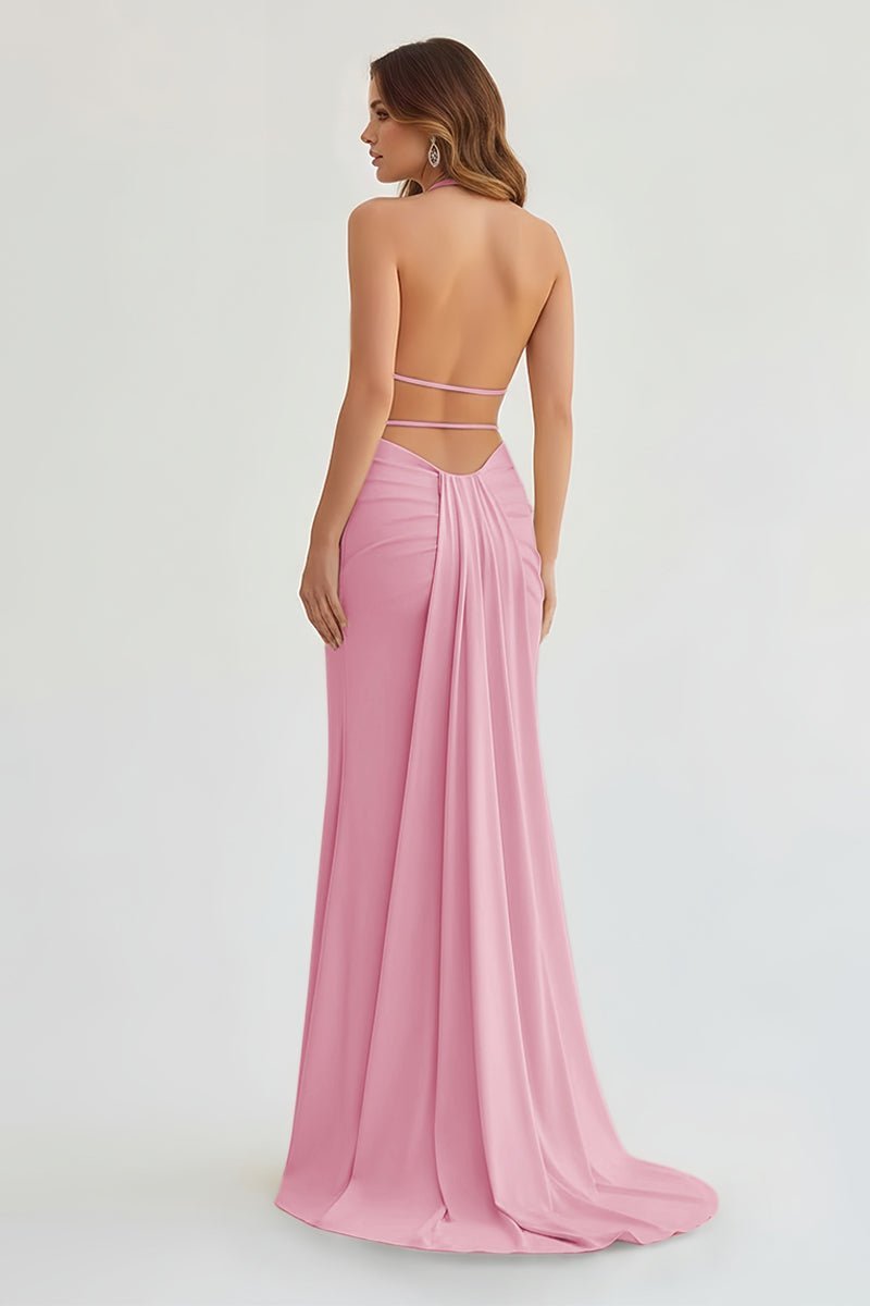 Mermaid Deep Halter Yellow Satin Long Prom Dresses with Slit - Curvevia
