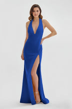 Mermaid Deep Halter Yellow Satin Long Prom Dresses with Slit - Curvevia