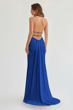Mermaid Deep Halter Yellow Satin Long Prom Dresses with Slit - Curvevia