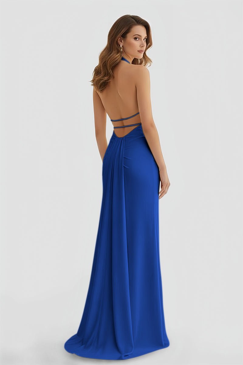 Mermaid Deep Halter Yellow Satin Long Prom Dresses with Slit - Curvevia