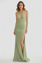 Mermaid Deep Halter Yellow Satin Long Prom Dresses with Slit - Curvevia