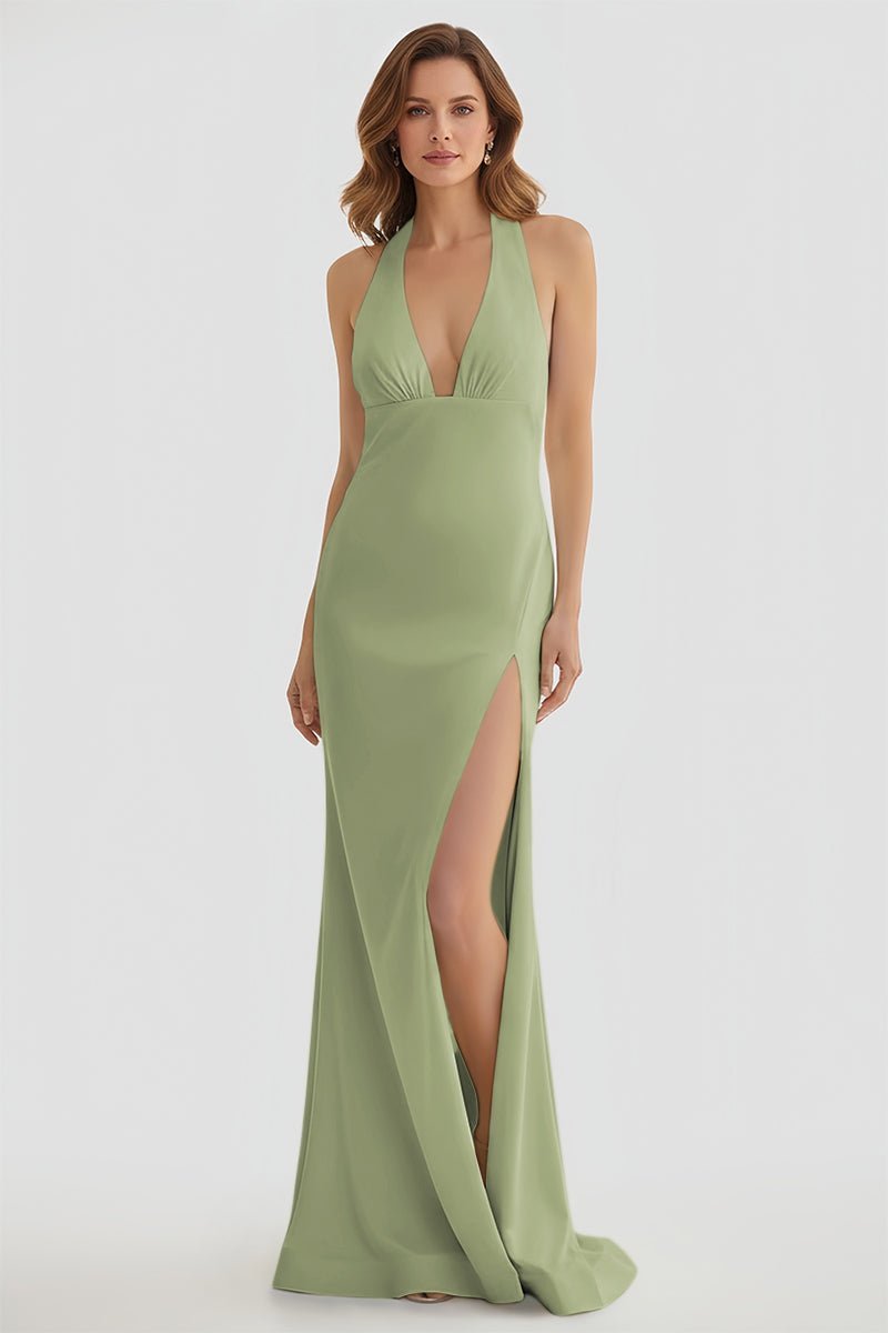 Mermaid Deep Halter Yellow Satin Long Prom Dresses with Slit - Curvevia