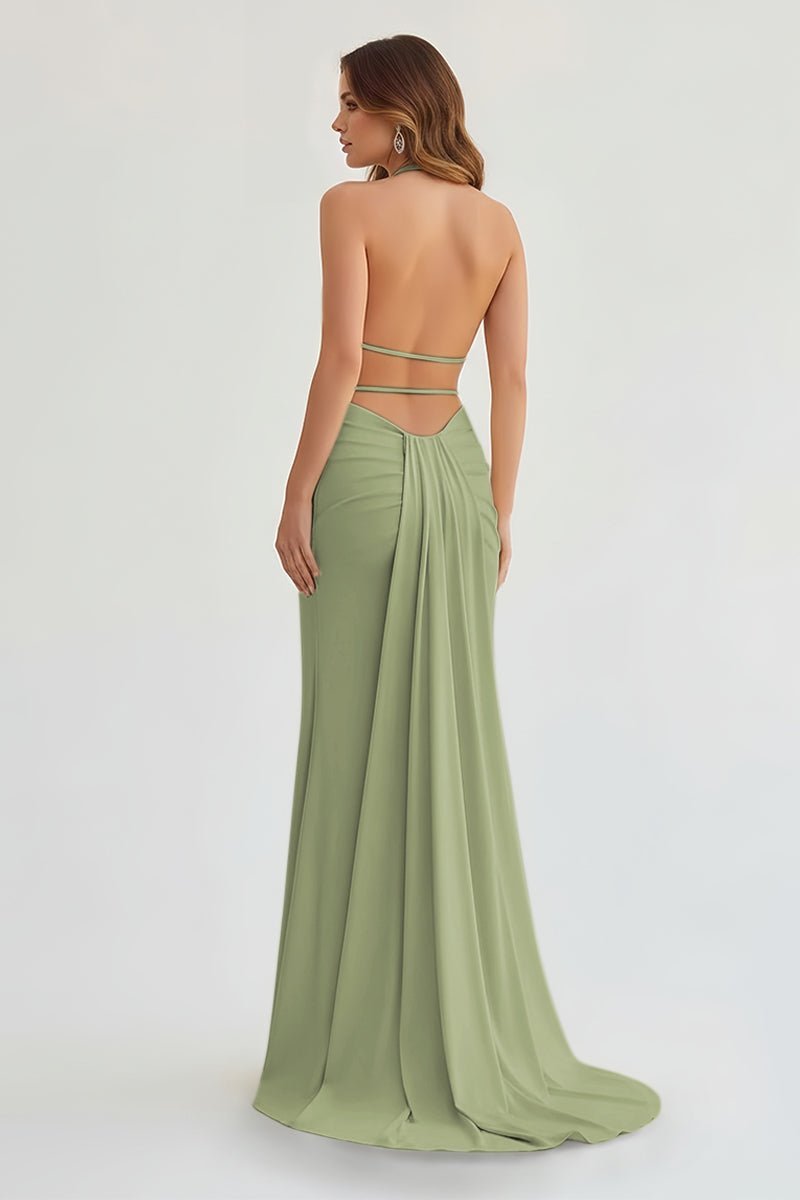 Mermaid Deep Halter Yellow Satin Long Prom Dresses with Slit - Curvevia