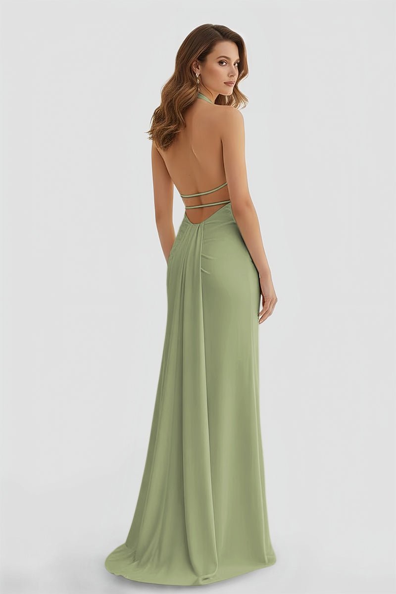 Mermaid Deep Halter Yellow Satin Long Prom Dresses with Slit - Curvevia