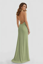 Mermaid Deep Halter Yellow Satin Long Prom Dresses with Slit - Curvevia
