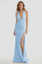 Mermaid Deep Halter Yellow Satin Long Prom Dresses with Slit - Curvevia