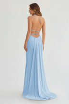 Mermaid Deep Halter Yellow Satin Long Prom Dresses with Slit - Curvevia