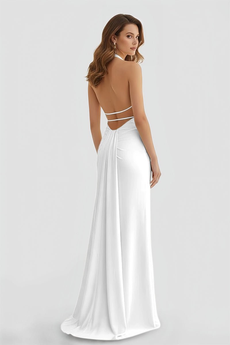 Mermaid Deep Halter Yellow Satin Long Prom Dresses with Slit - Curvevia