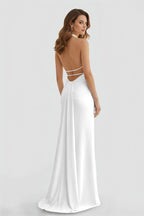Mermaid Deep Halter Yellow Satin Long Prom Dresses with Slit - Curvevia