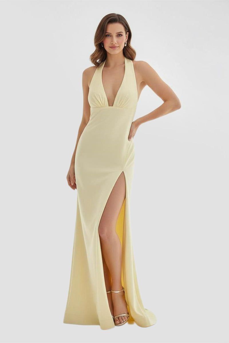 Mermaid Deep Halter Yellow Satin Long Prom Dresses with Slit - Curvevia
