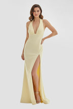 Mermaid Deep Halter Yellow Satin Long Prom Dresses with Slit - Curvevia