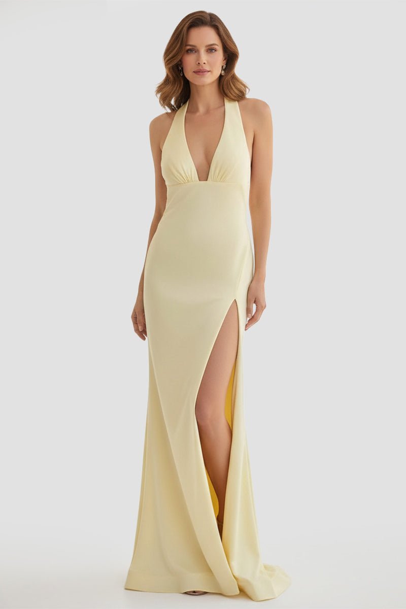 Mermaid Deep Halter Yellow Satin Long Prom Dresses with Slit - Curvevia