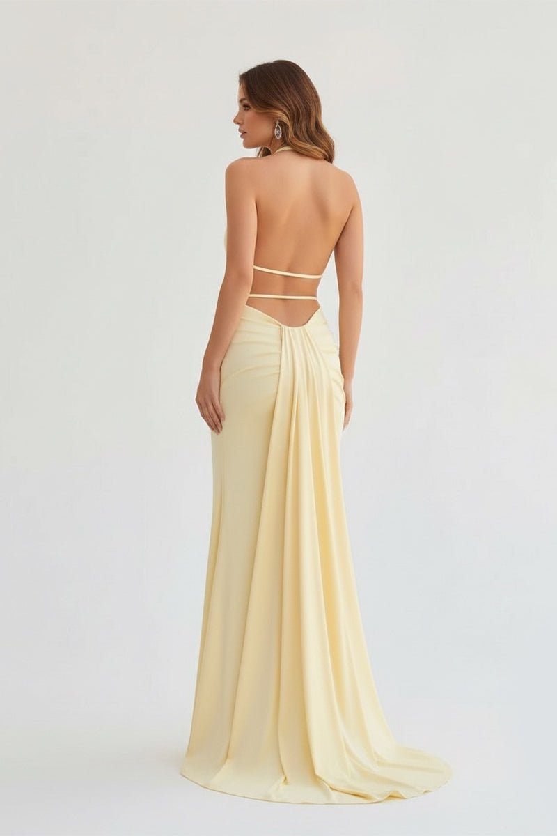 Mermaid Deep Halter Yellow Satin Long Prom Dresses with Slit - Curvevia