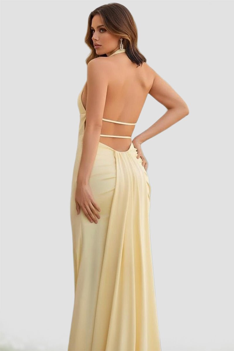 Mermaid Deep Halter Yellow Satin Long Prom Dresses with Slit - Curvevia