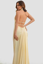 Mermaid Deep Halter Yellow Satin Long Prom Dresses with Slit - Curvevia