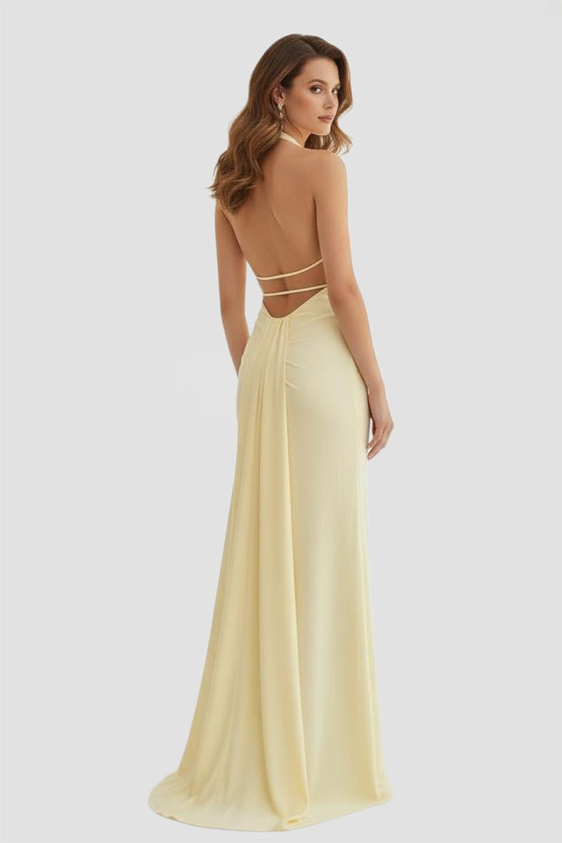 Mermaid Deep Halter Yellow Satin Long Prom Dresses with Slit - Curvevia