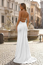Mermaid Deep Halter Yellow Satin Long Prom Dresses with Slit - Curvevia