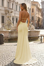 Mermaid Deep Halter Yellow Satin Long Prom Dresses with Slit - Curvevia