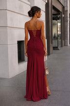 Pink - Strapless Mermaid Chiffon Pleated Long Wedding Guest Dress With Floral - Curvevia