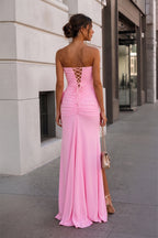 Pink - Strapless Mermaid Chiffon Pleated Long Wedding Guest Dress With Floral - Curvevia