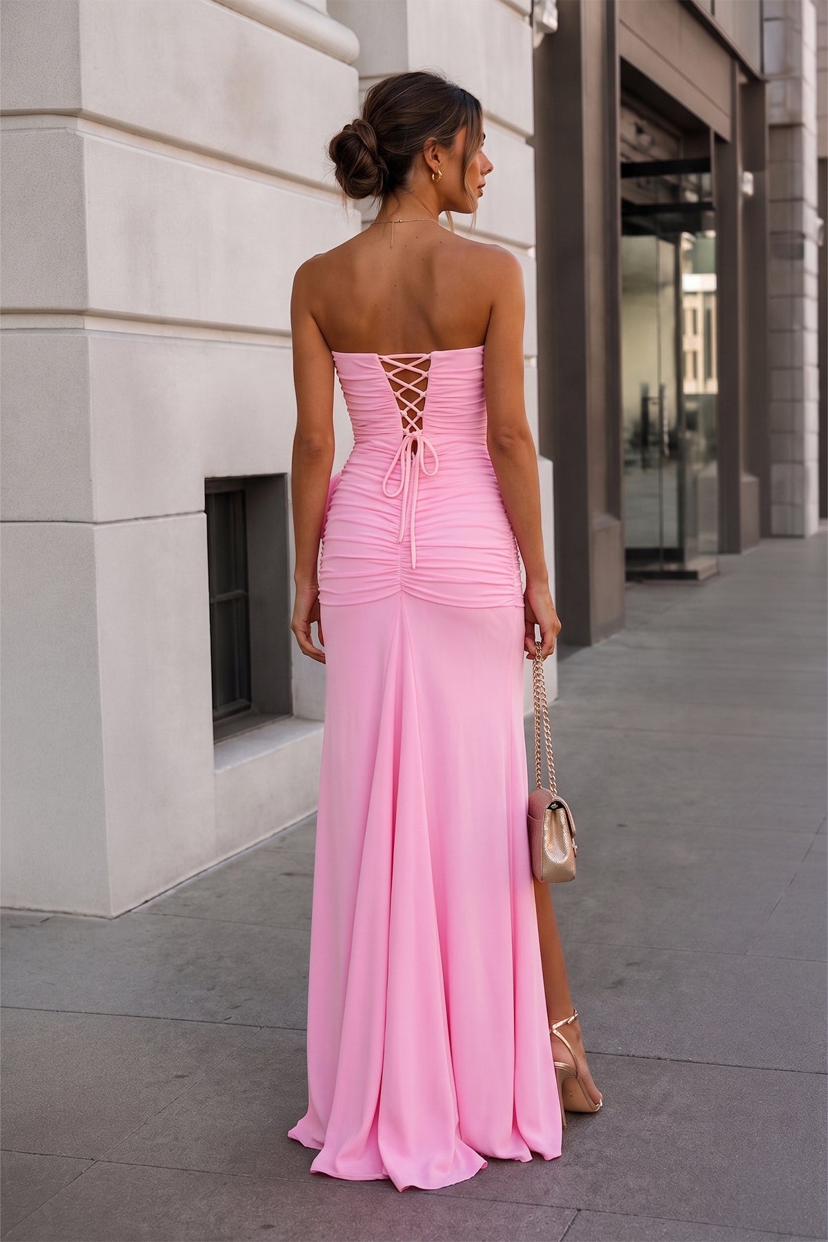Pink - Strapless Mermaid Chiffon Pleated Long Wedding Guest Dress With Floral - Curvevia