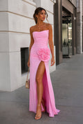 Pink - Strapless Mermaid Chiffon Pleated Long Wedding Guest Dress With Floral - Curvevia