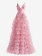 Light Pink A-Line Tiered Spaghetti Straps Tulle Wedding Guest Dress - Curvevia