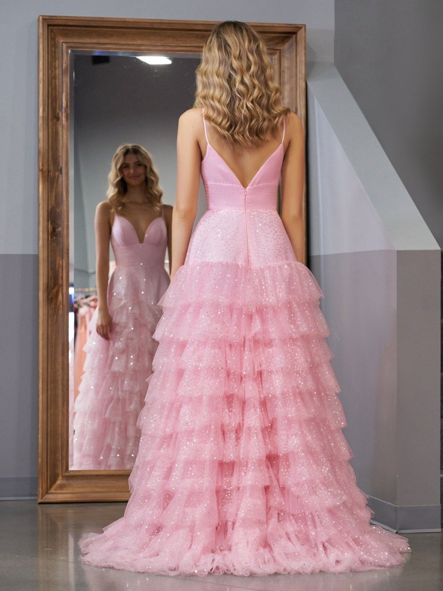 Light Pink A-Line Tiered Spaghetti Straps Tulle Wedding Guest Dress - Curvevia