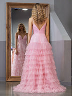 Light Pink A-Line Tiered Spaghetti Straps Tulle Wedding Guest Dress - Curvevia