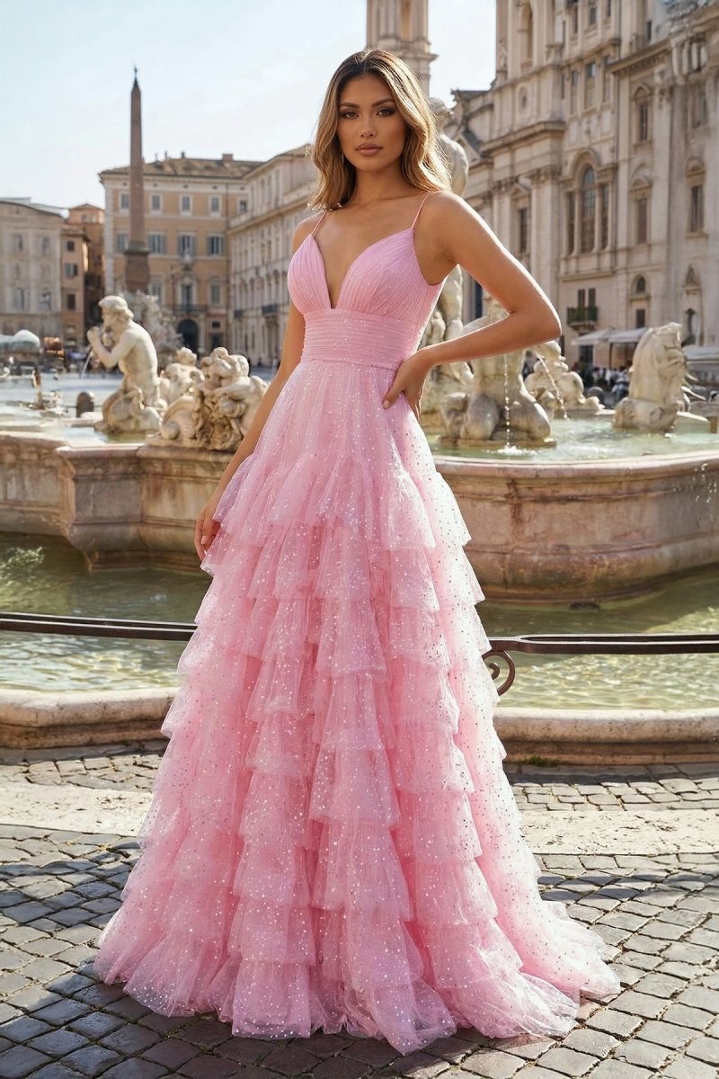 Light Pink A-Line Tiered Spaghetti Straps Tulle Wedding Guest Dress - Curvevia