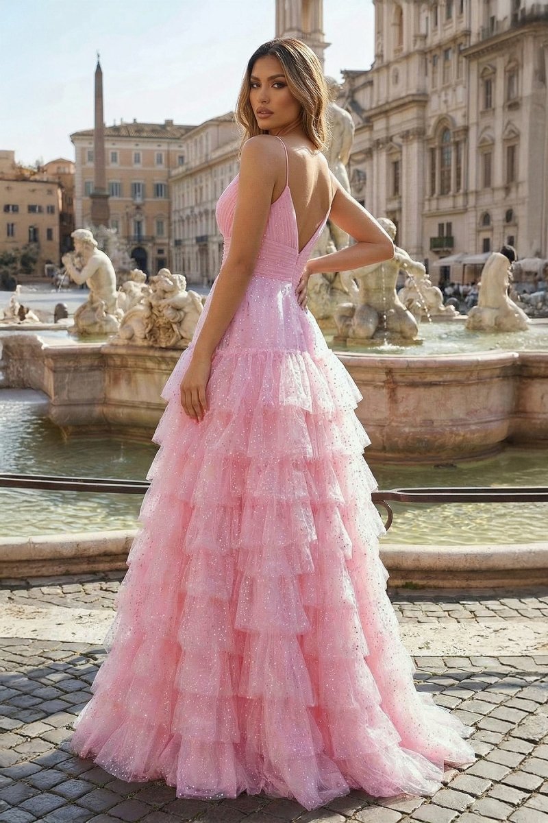 Light Pink A-Line Tiered Spaghetti Straps Tulle Wedding Guest Dress - Curvevia