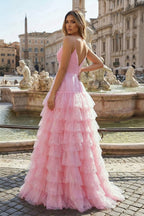 Light Pink A-Line Tiered Spaghetti Straps Tulle Wedding Guest Dress - Curvevia