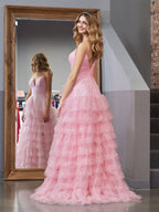 Light Pink A-Line Tiered Spaghetti Straps Tulle Wedding Guest Dress - Curvevia