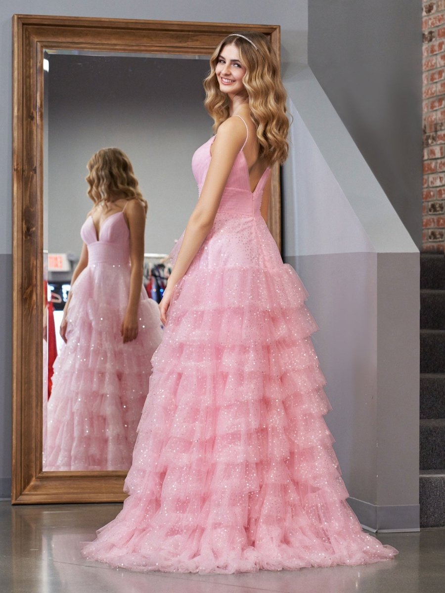 Light Pink A-Line Tiered Spaghetti Straps Tulle Wedding Guest Dress - Curvevia