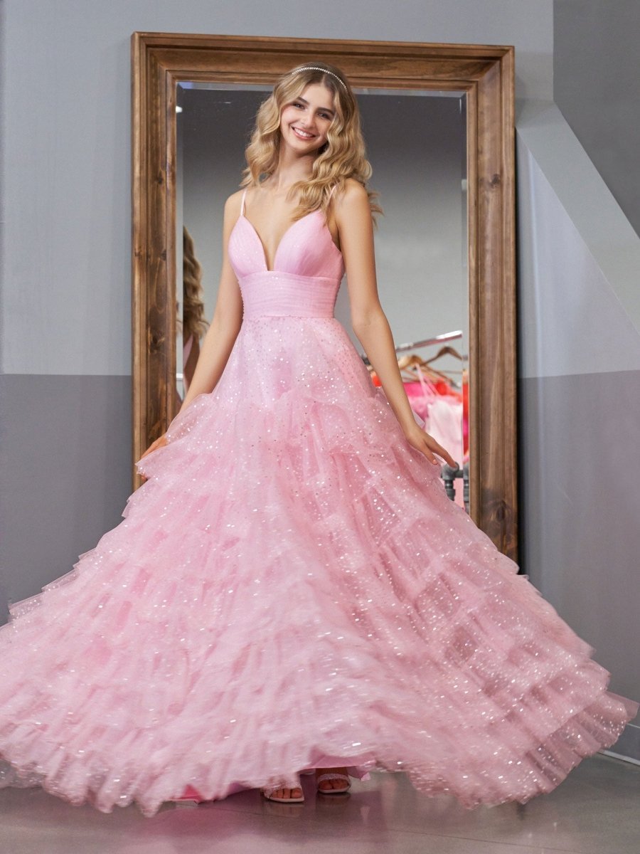 Light Pink A-Line Tiered Spaghetti Straps Tulle Wedding Guest Dress - Curvevia