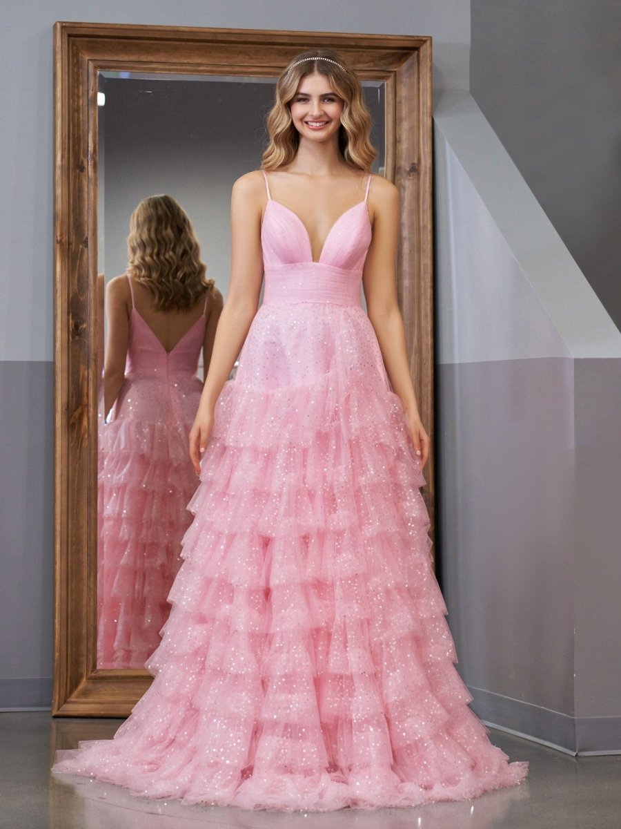 Light Pink A-Line Tiered Spaghetti Straps Tulle Wedding Guest Dress - Curvevia
