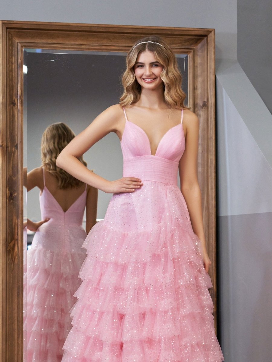 Light Pink A-Line Tiered Spaghetti Straps Tulle Wedding Guest Dress - Curvevia