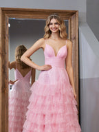 Light Pink A-Line Tiered Spaghetti Straps Tulle Wedding Guest Dress - Curvevia