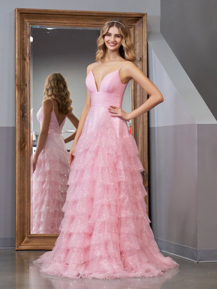 Light Pink A-Line Tiered Spaghetti Straps Tulle Wedding Guest Dress - Curvevia