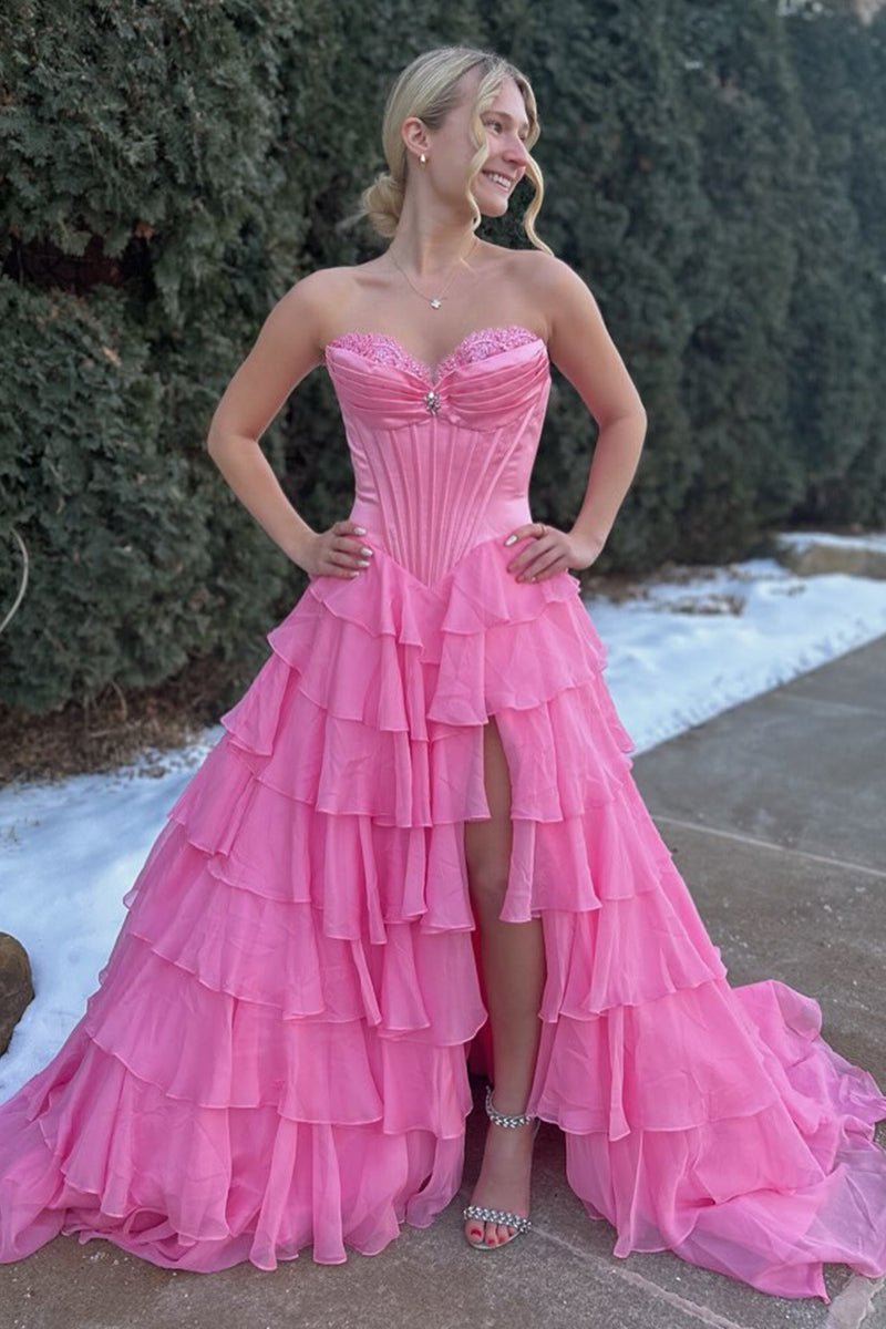 Pink Sweetheart A Line Chiffon Ruffled Long Wedding Guest Dress With Beading - Curvevia