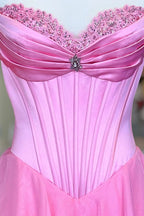 Pink Sweetheart A Line Chiffon Ruffled Long Wedding Guest Dress With Beading - Curvevia