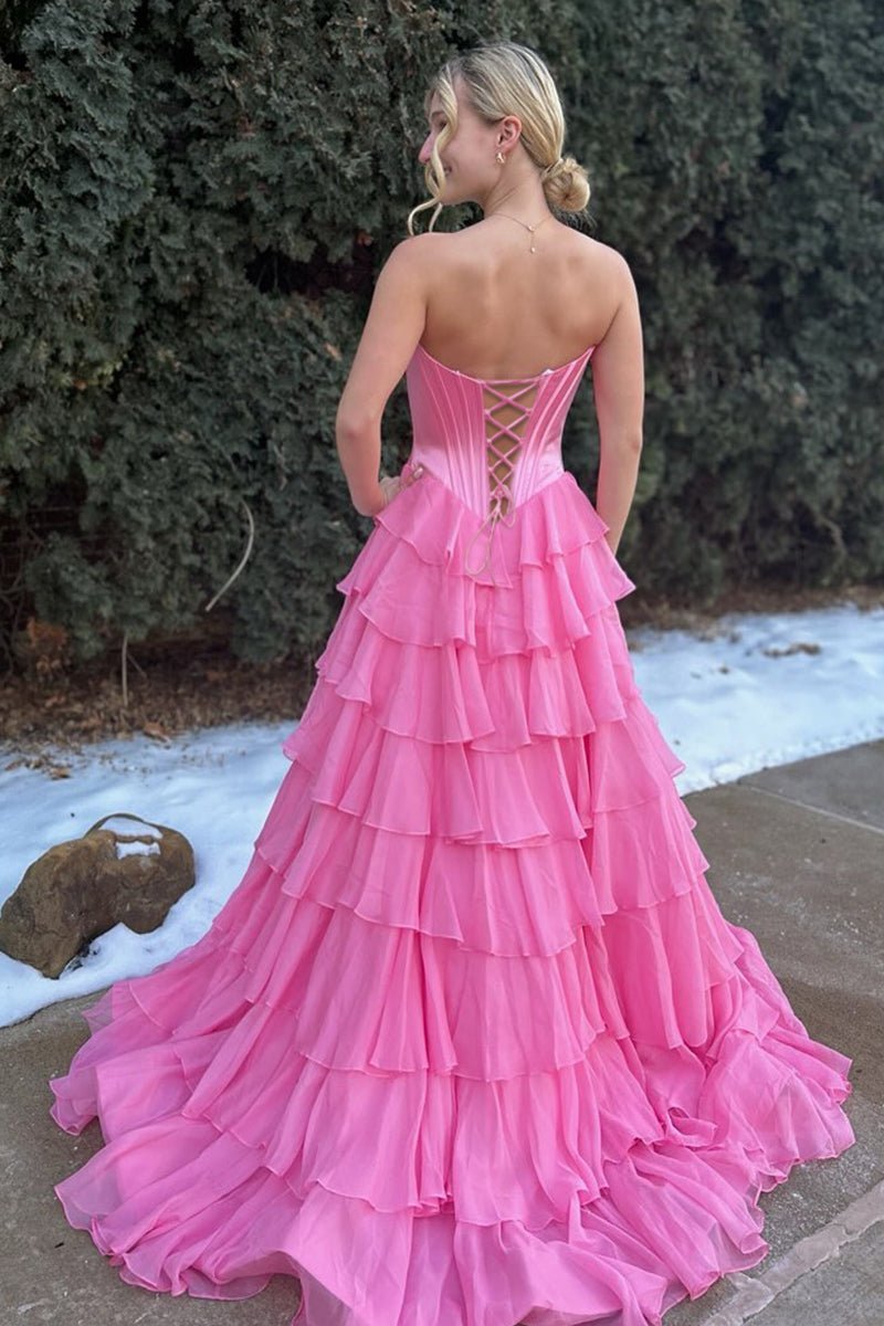 Pink Sweetheart A Line Chiffon Ruffled Long Wedding Guest Dress With Beading - Curvevia